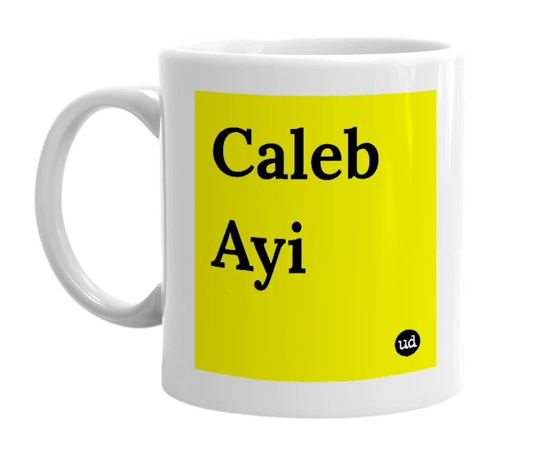 White mug with 'Caleb Ayi' in bold black letters