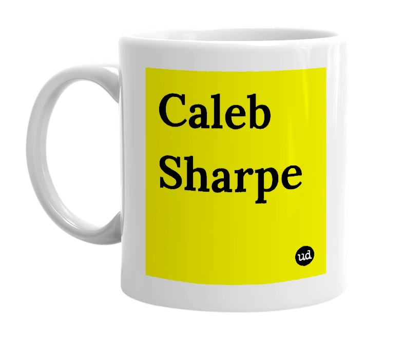 White mug with 'Caleb Sharpe' in bold black letters