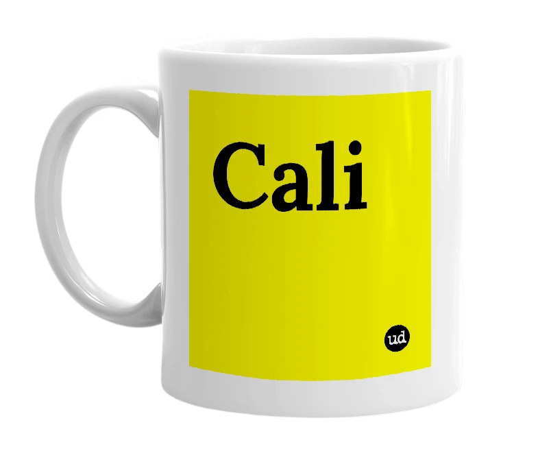 White mug with 'Cali' in bold black letters
