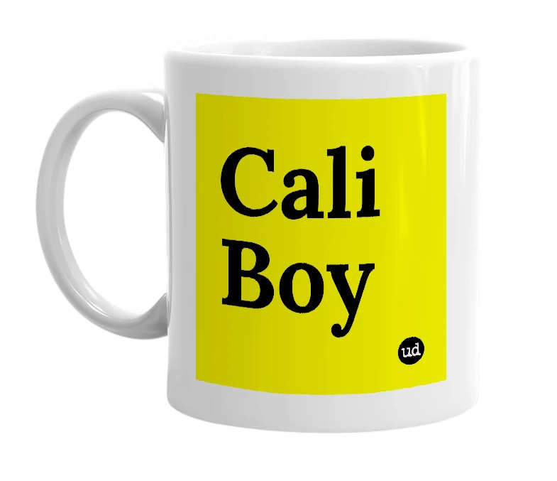 White mug with 'Cali Boy' in bold black letters