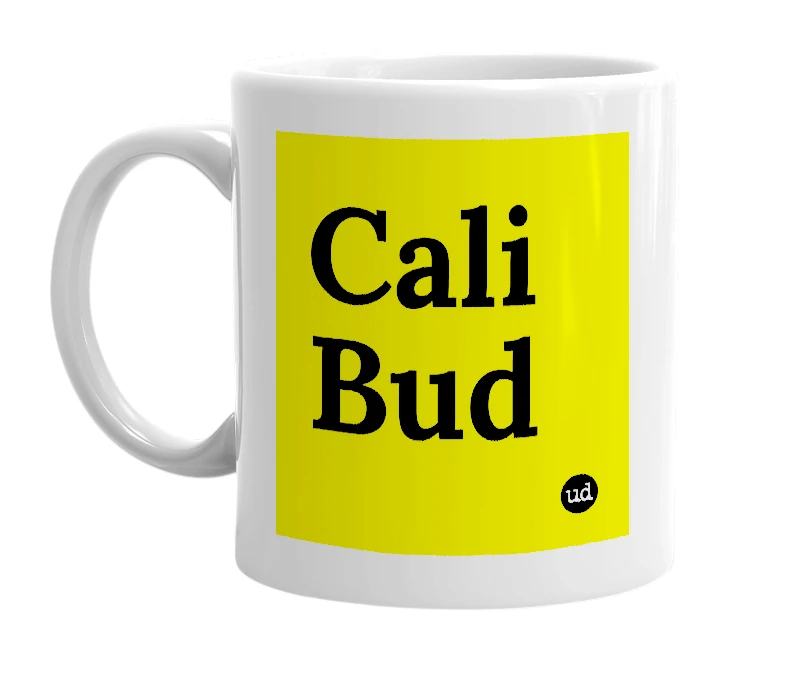 White mug with 'Cali Bud' in bold black letters