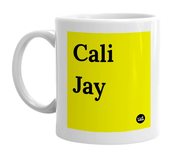 White mug with 'Cali Jay' in bold black letters