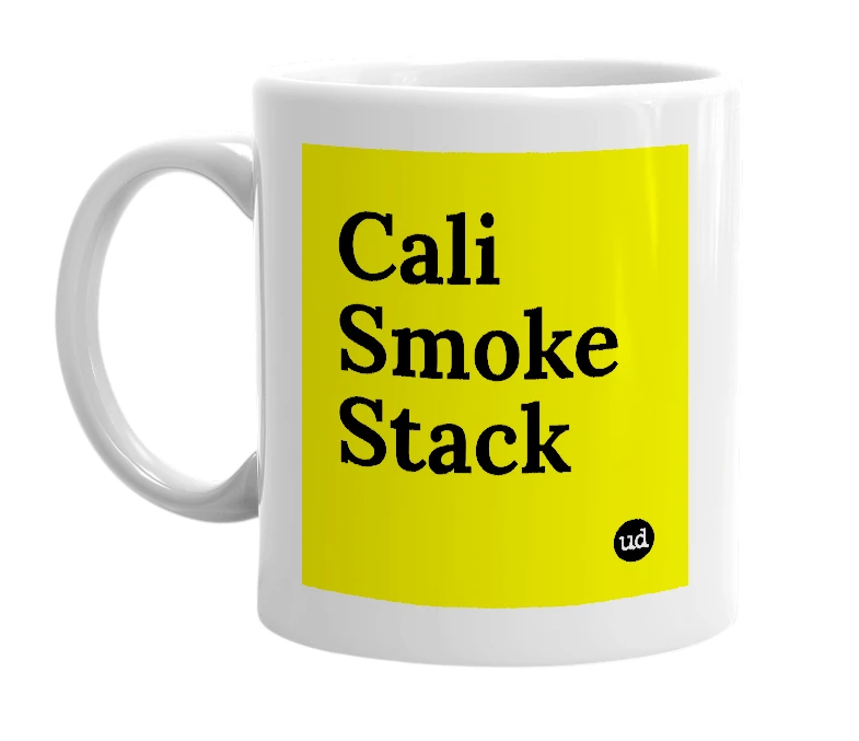 White mug with 'Cali Smoke Stack' in bold black letters