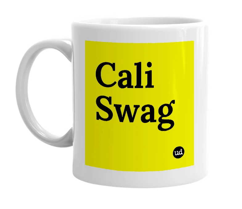 White mug with 'Cali Swag' in bold black letters