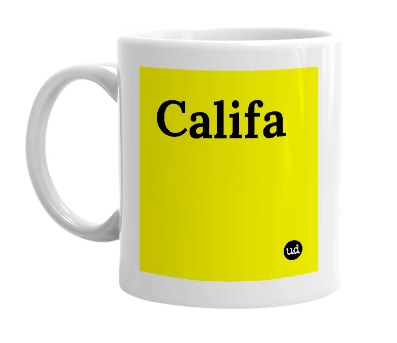 White mug with 'Califa' in bold black letters