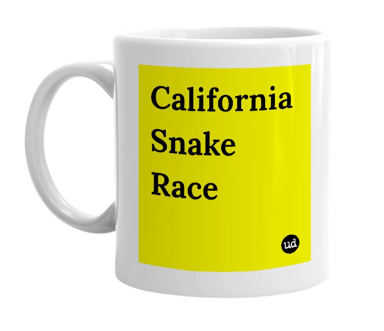 White mug with 'California Snake Race' in bold black letters