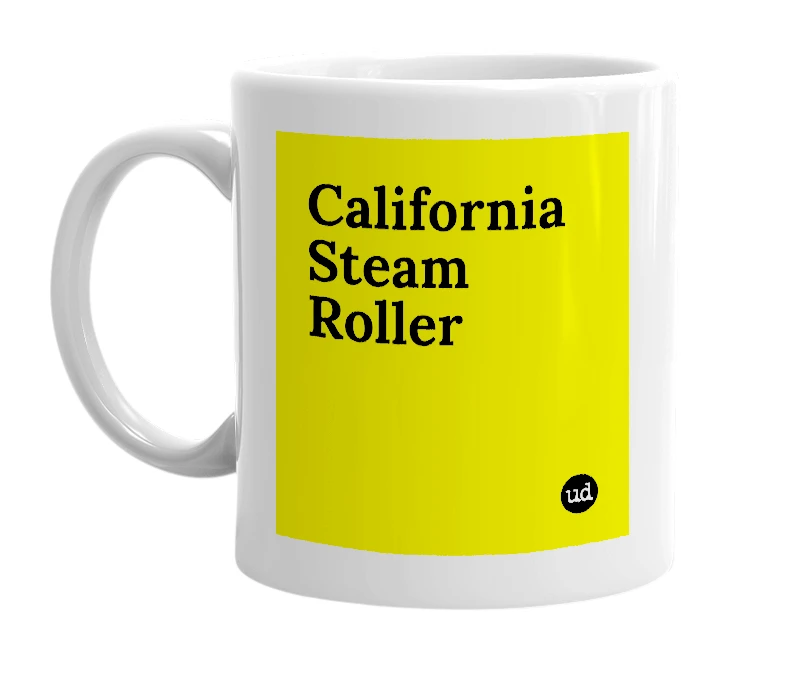 White mug with 'California Steam Roller' in bold black letters