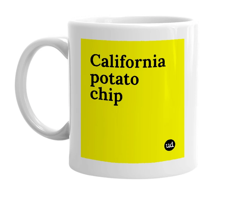 White mug with 'California potato chip' in bold black letters