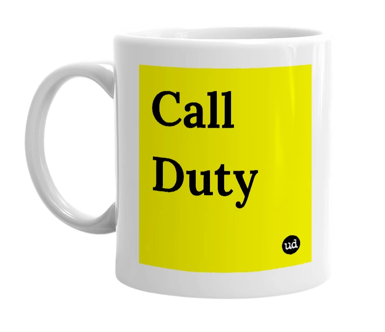White mug with 'Call Duty' in bold black letters