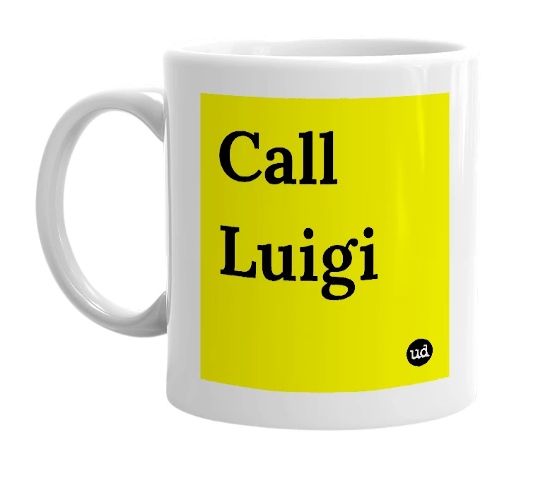 White mug with 'Call Luigi' in bold black letters