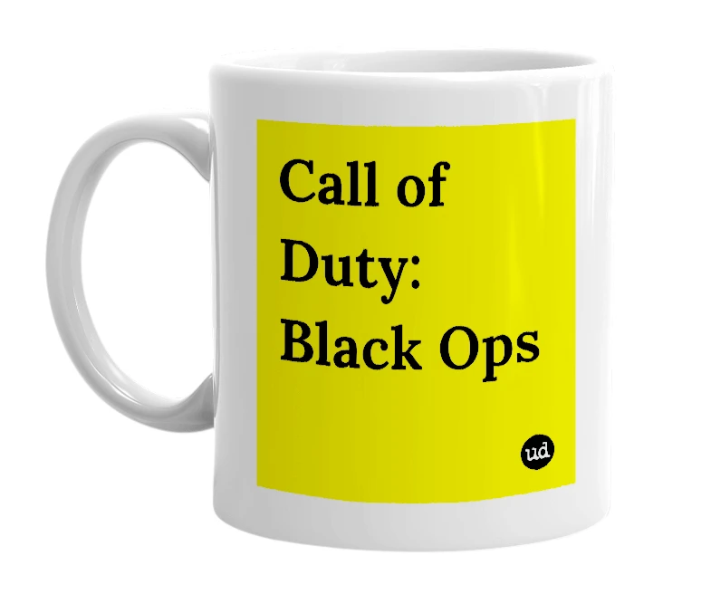 White mug with 'Call of Duty: Black Ops' in bold black letters