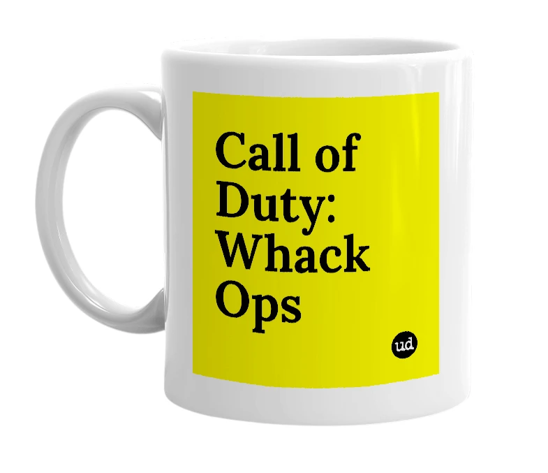 White mug with 'Call of Duty: Whack Ops' in bold black letters