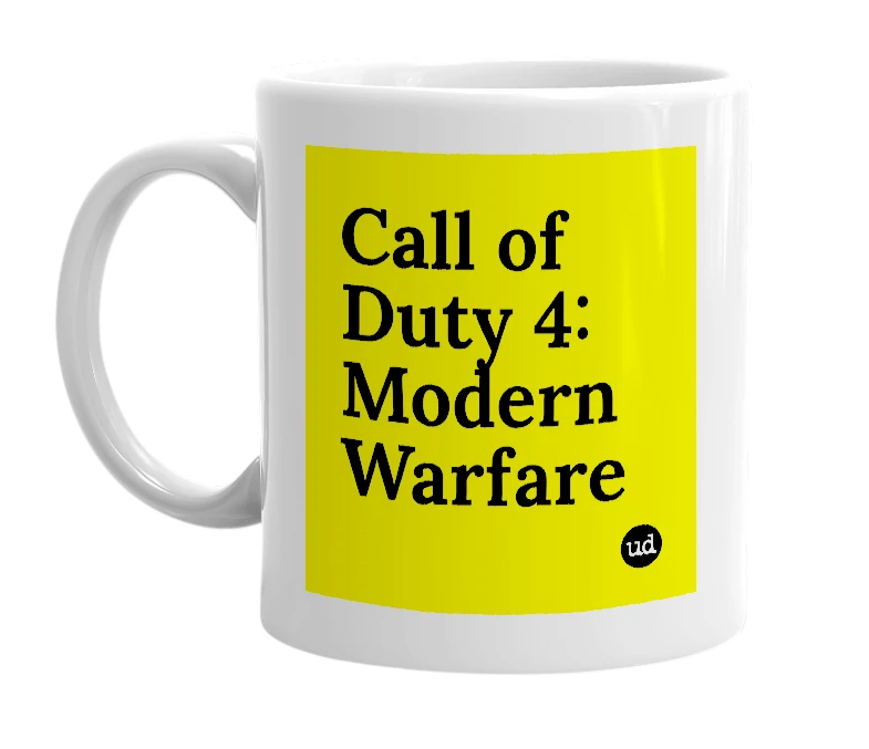 White mug with 'Call of Duty 4: Modern Warfare' in bold black letters