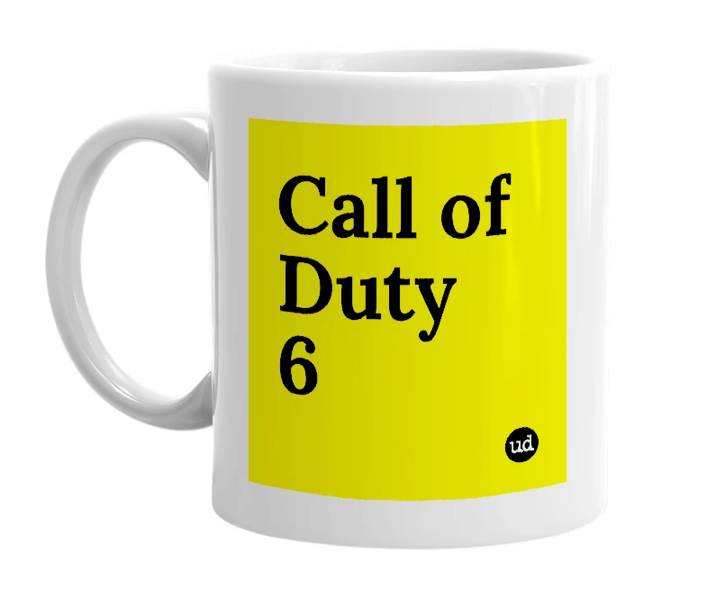 White mug with 'Call of Duty 6' in bold black letters