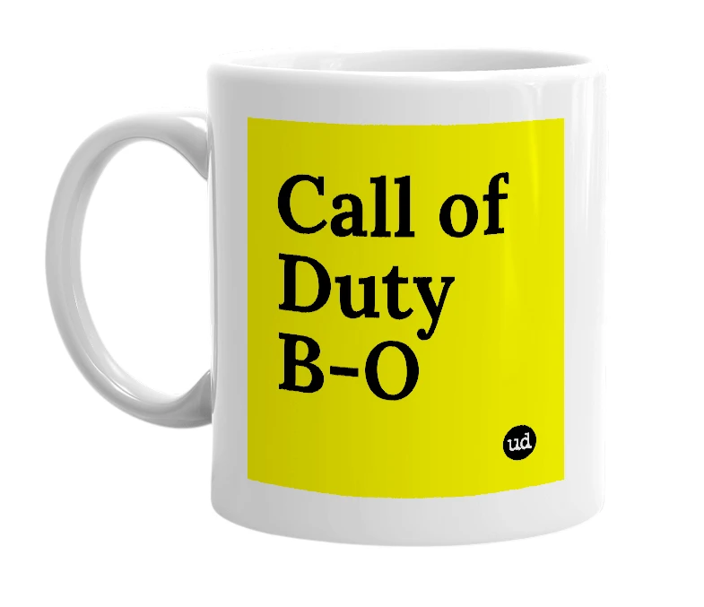 White mug with 'Call of Duty B-O' in bold black letters