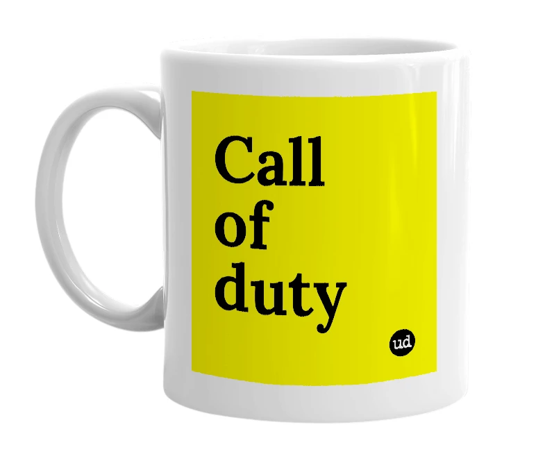 White mug with 'Call of duty' in bold black letters