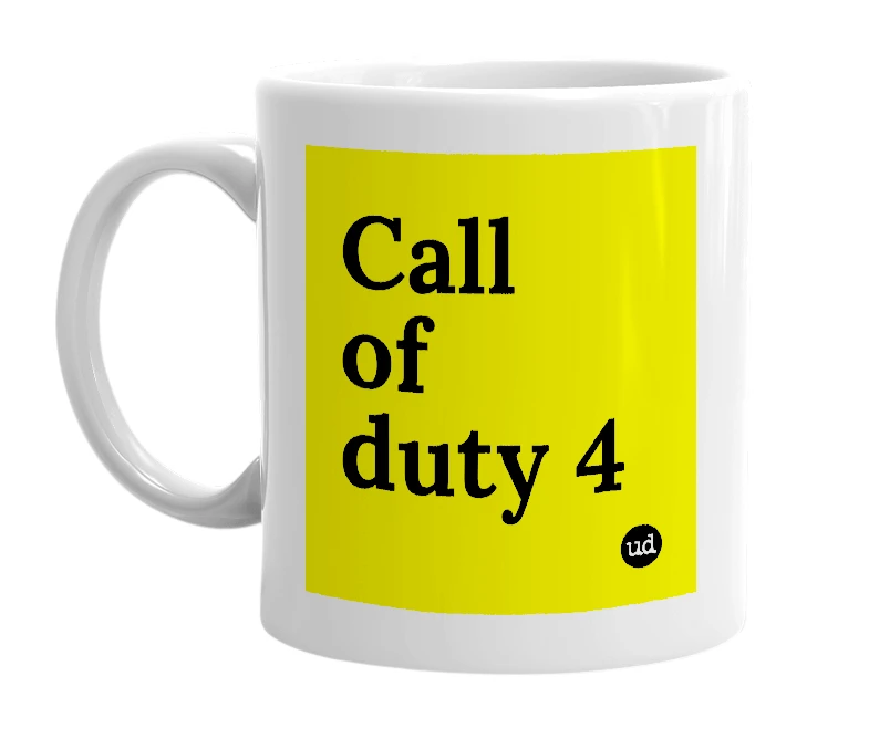 White mug with 'Call of duty 4' in bold black letters