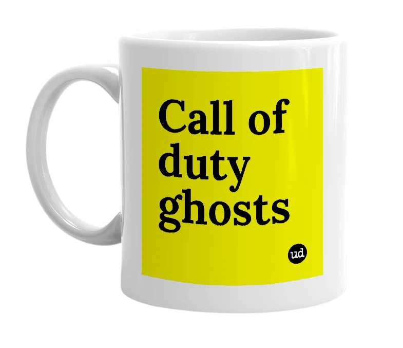 White mug with 'Call of duty ghosts' in bold black letters
