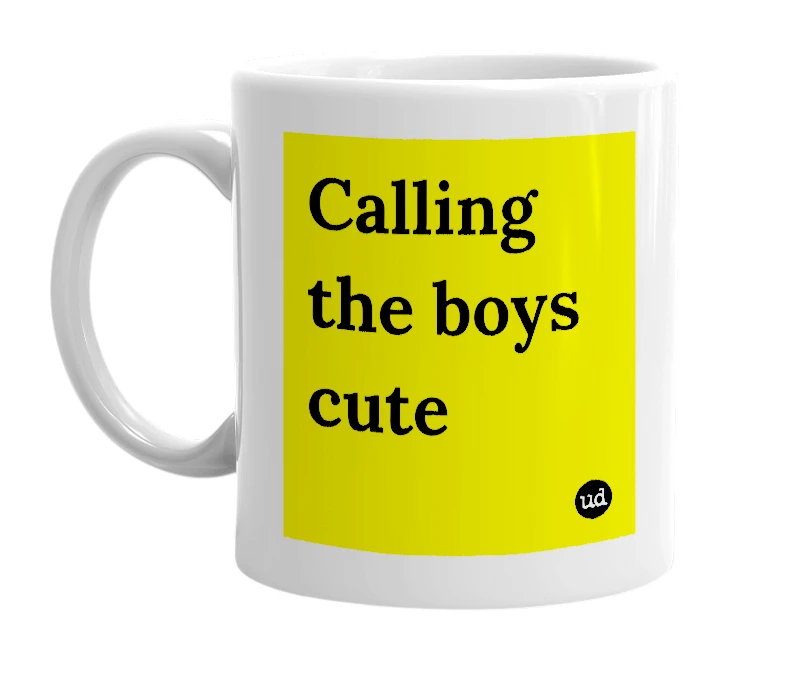 White mug with 'Calling the boys cute' in bold black letters