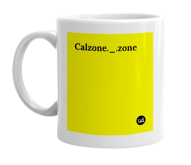 White mug with 'Calzone._.zone' in bold black letters