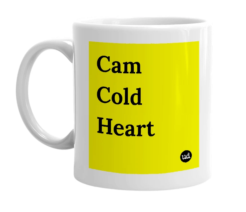 White mug with 'Cam Cold Heart' in bold black letters