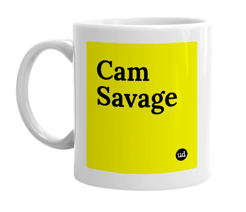 White mug with 'Cam Savage' in bold black letters