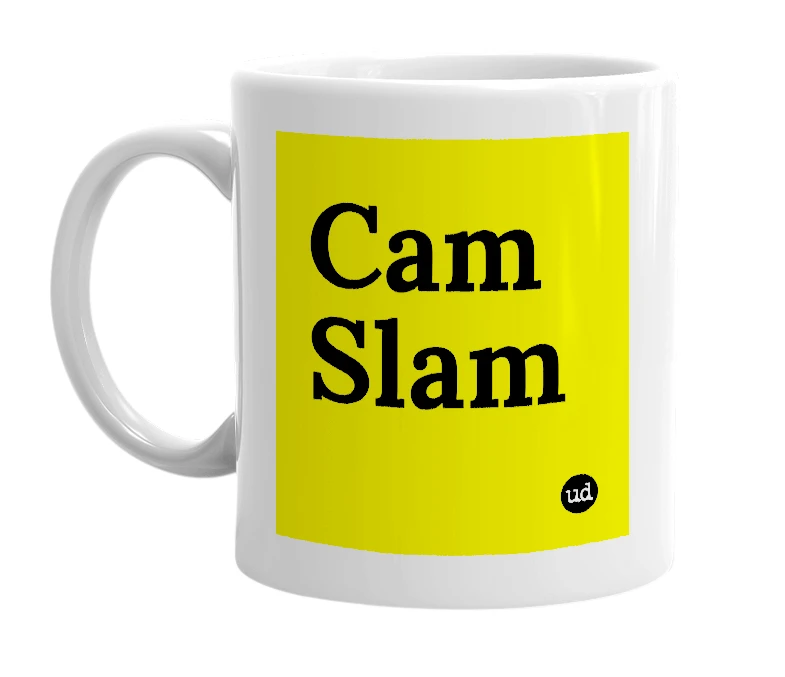 White mug with 'Cam Slam' in bold black letters