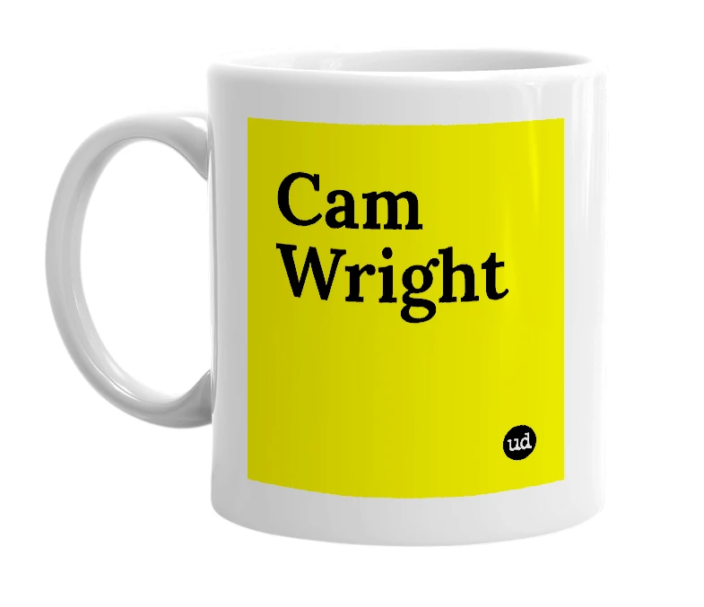 White mug with 'Cam Wright' in bold black letters