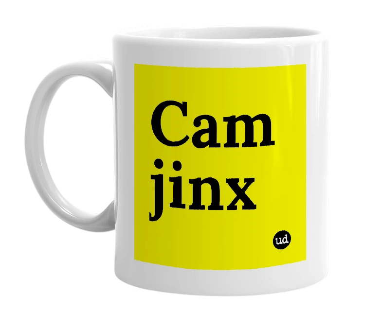 White mug with 'Cam jinx' in bold black letters