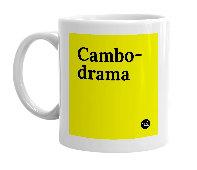 White mug with 'Cambo-drama' in bold black letters