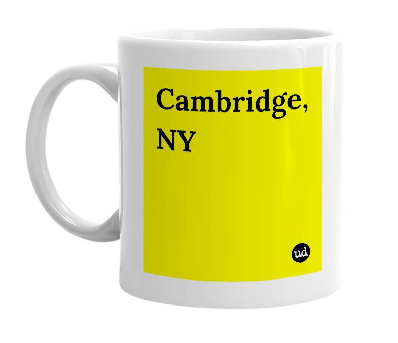 White mug with 'Cambridge, NY' in bold black letters