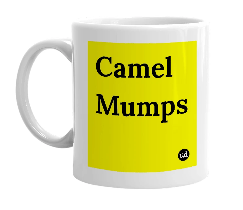 White mug with 'Camel Mumps' in bold black letters