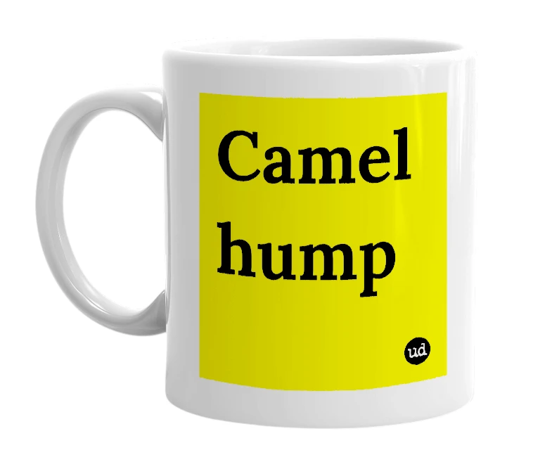 White mug with 'Camel hump' in bold black letters