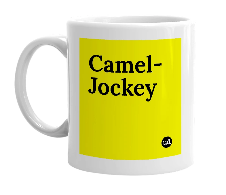 White mug with 'Camel-Jockey' in bold black letters
