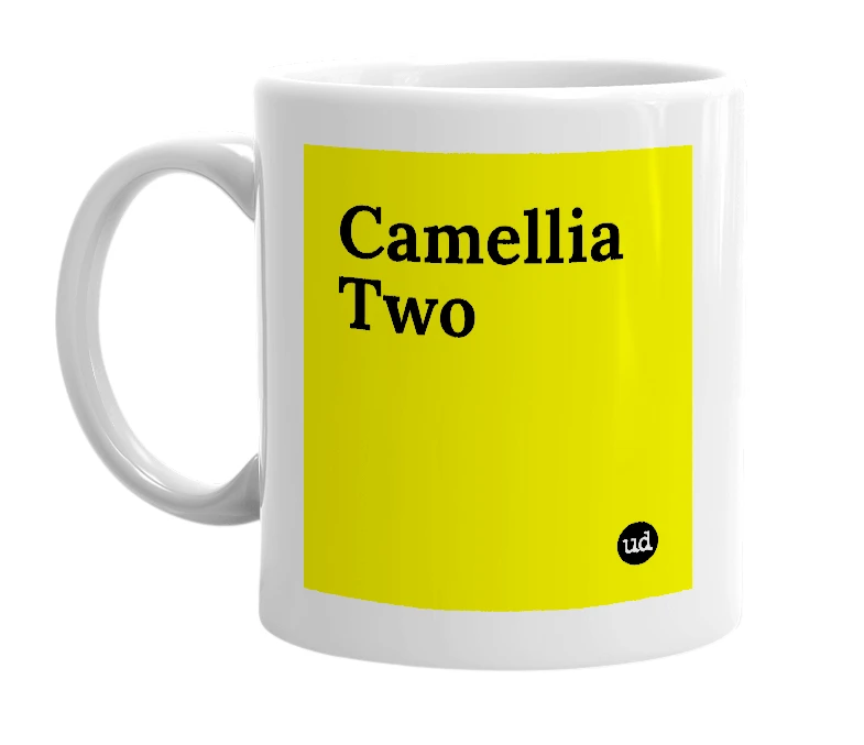 White mug with 'Camellia Two' in bold black letters