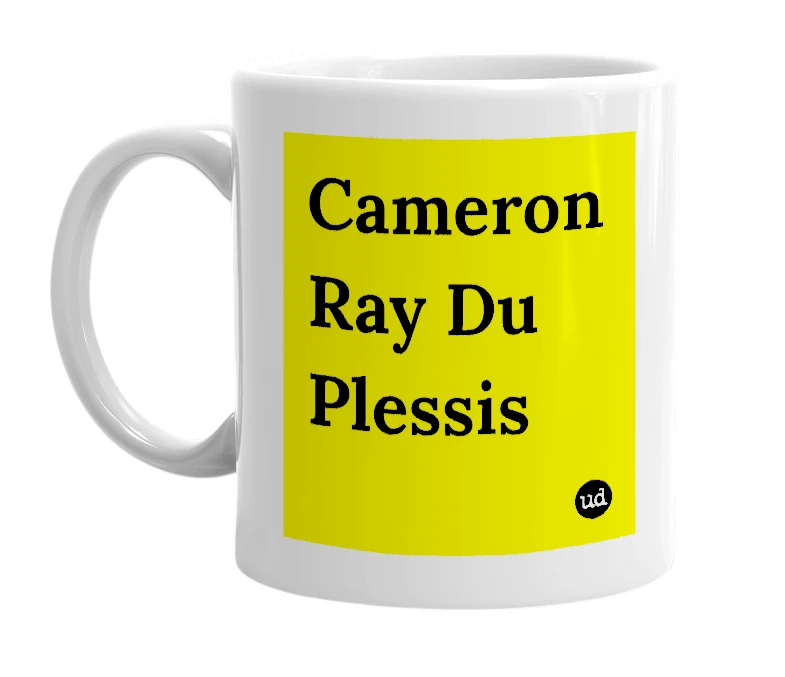 White mug with 'Cameron Ray Du Plessis' in bold black letters