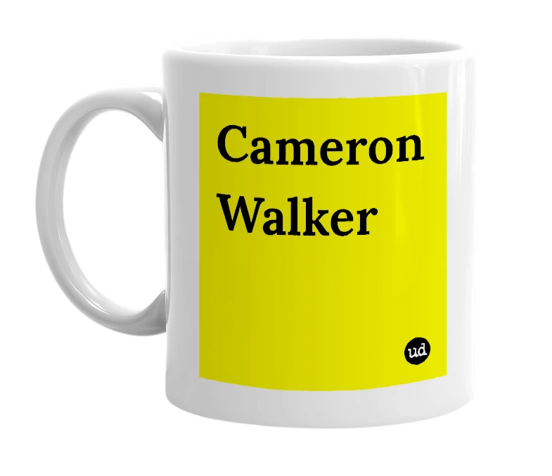 White mug with 'Cameron Walker' in bold black letters