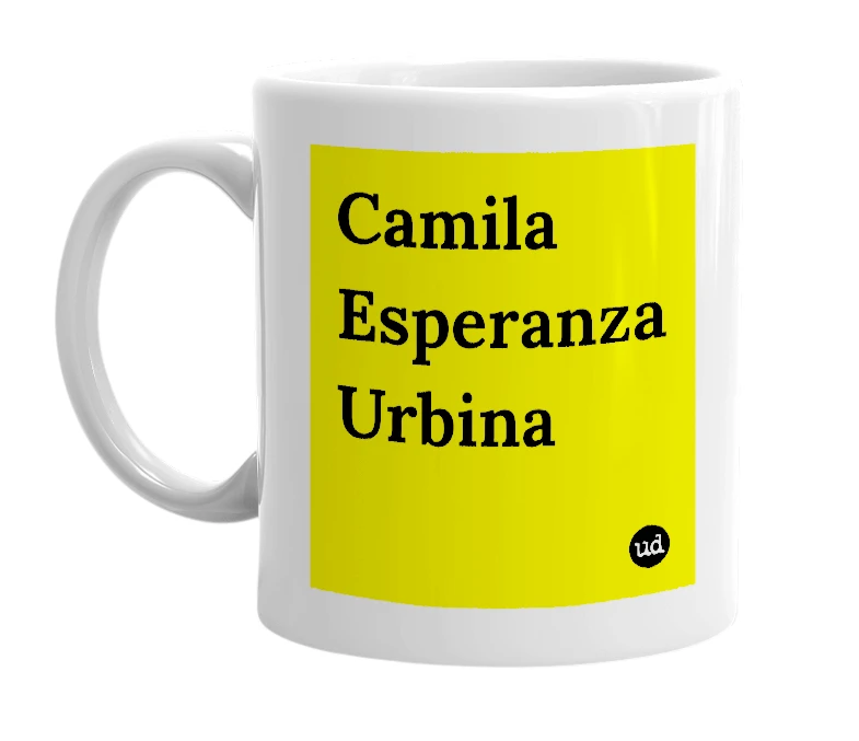 White mug with 'Camila Esperanza Urbina' in bold black letters