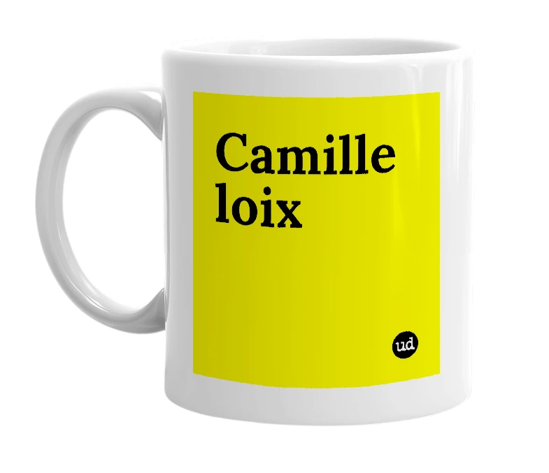 White mug with 'Camille loix' in bold black letters