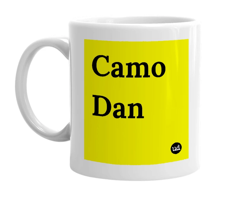 White mug with 'Camo Dan' in bold black letters