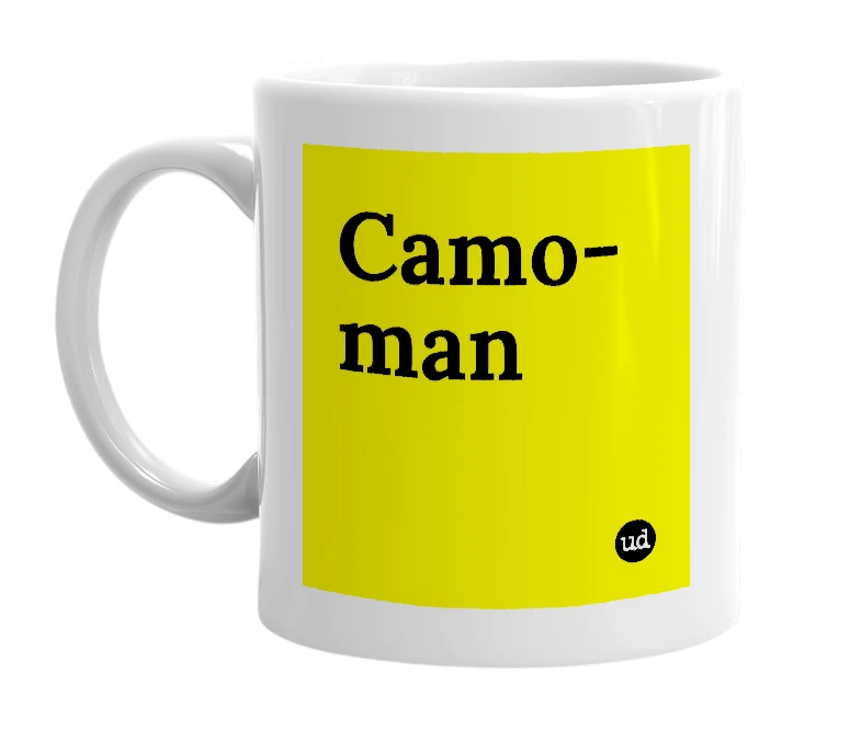 White mug with 'Camo-man' in bold black letters