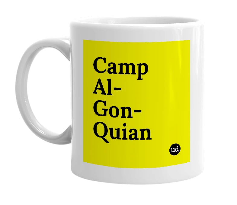 White mug with 'Camp Al-Gon-Quian' in bold black letters