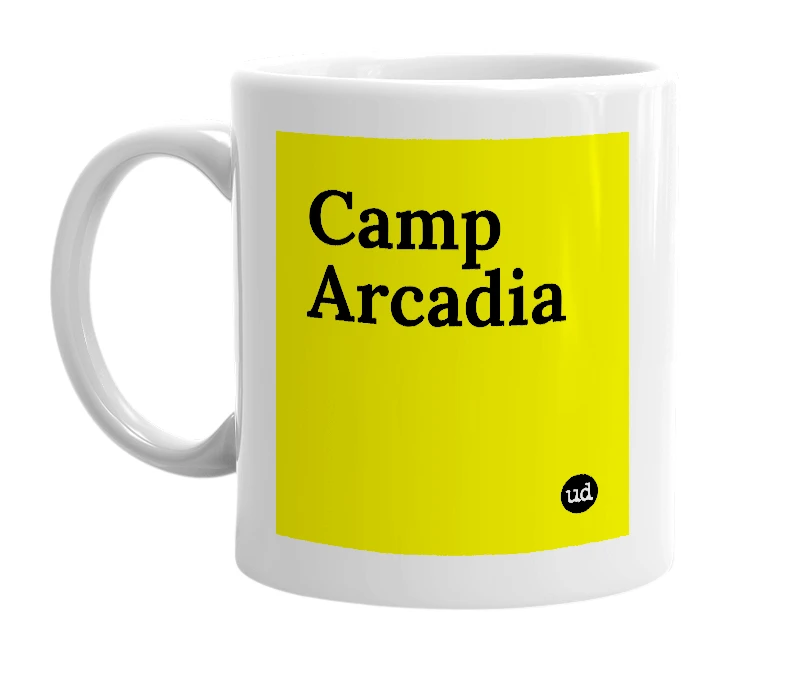 White mug with 'Camp Arcadia' in bold black letters