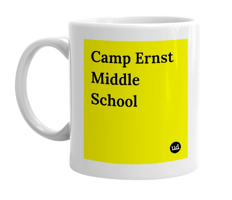 White mug with 'Camp Ernst Middle School' in bold black letters