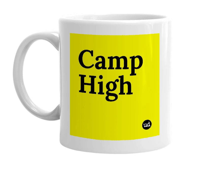 White mug with 'Camp High' in bold black letters