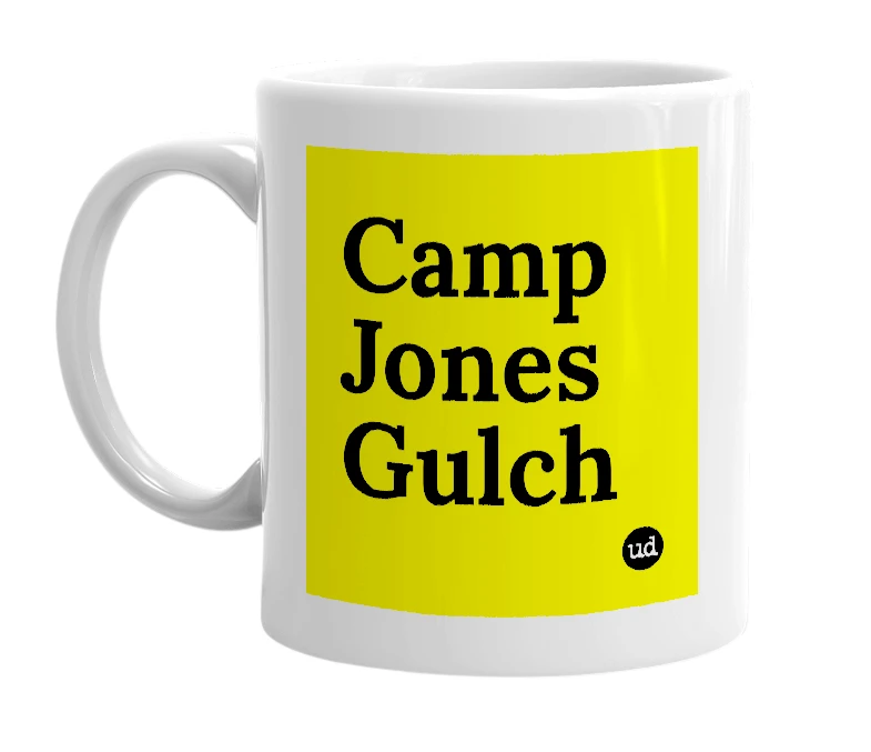 White mug with 'Camp Jones Gulch' in bold black letters