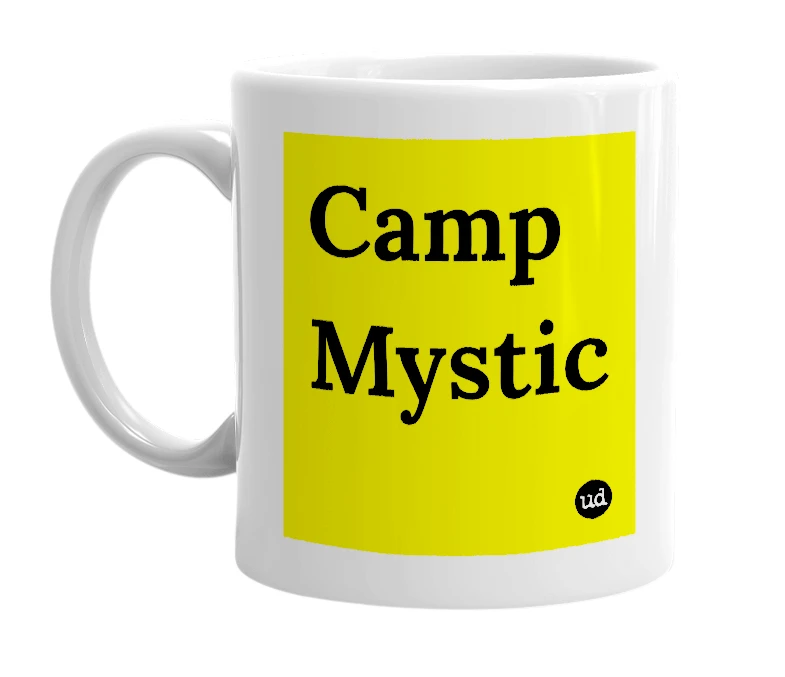 White mug with 'Camp Mystic' in bold black letters