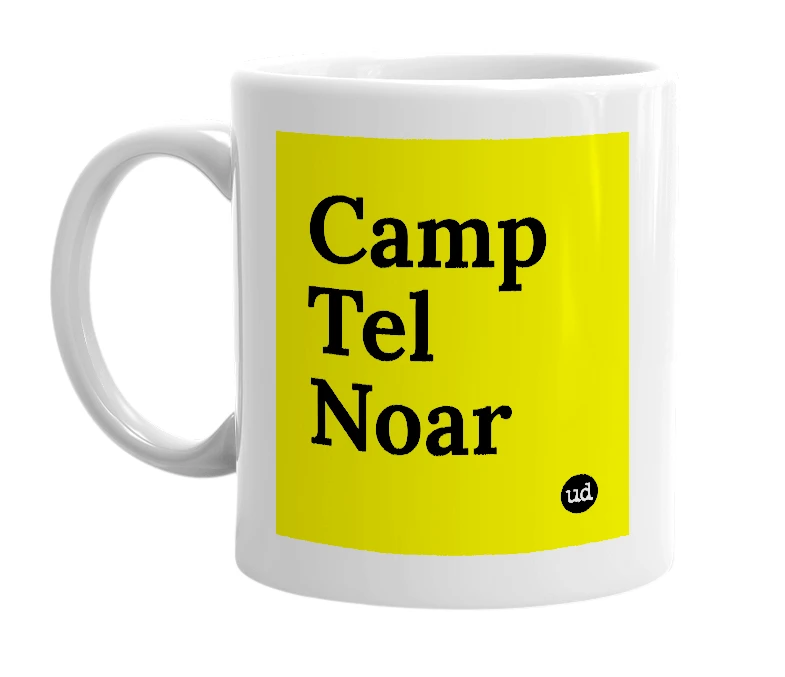 White mug with 'Camp Tel Noar' in bold black letters
