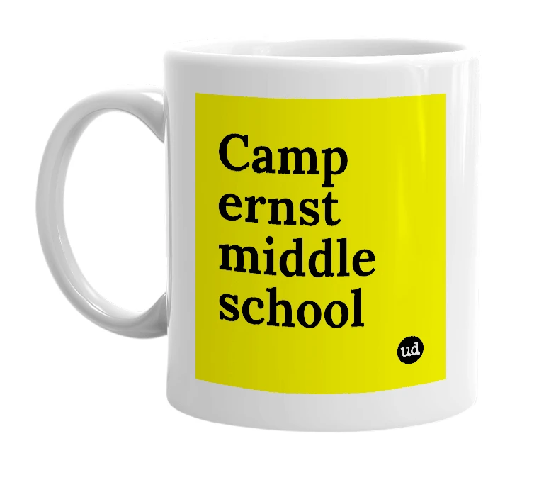 White mug with 'Camp ernst middle school' in bold black letters
