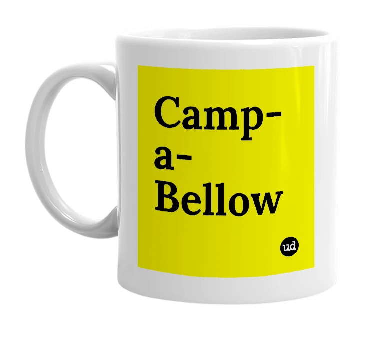 White mug with 'Camp-a-Bellow' in bold black letters